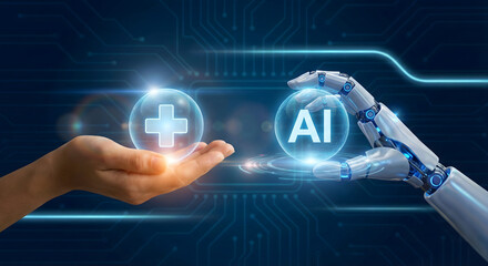 Robot Hand Offers AI Sphere to Human Hand Holding Medical Plus Symbol