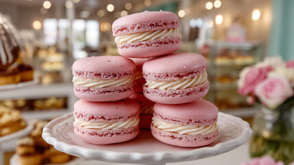 Pink macarons stacked on elegant white platter in bakery