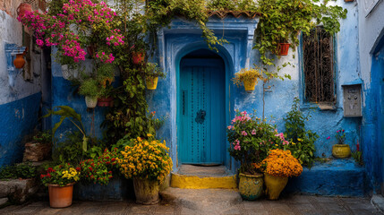 Fototapeta premium Traditional Blue Door in Chefchaouen Morocco with Colorful Flower Pots