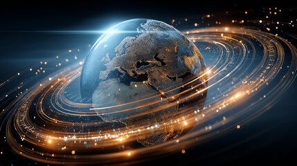 Earth globe surrounded by digital rings and golden energy field, futuristic technology concept, global data network visualization, with copy space