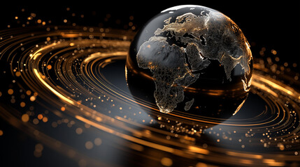 Earth globe surrounded by digital rings and golden energy field, futuristic technology concept, global data network visualization, with copy space