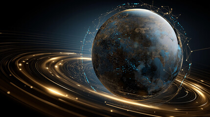 Earth globe surrounded by digital rings and golden energy field, futuristic technology concept, global data network visualization, with copy space
