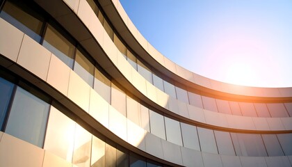 Obraz premium Modern architectural design featuring a curved facade reflecting sunlight under a clear blue sky