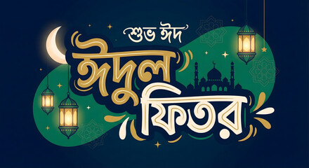 Eid ul Fitr Bengali Text With Mosque, Moon, Lanterns, Festive Islamic Holiday Background