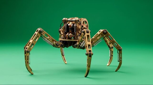 Intricate steampunk mechanical spider robot with brass and gold metallic details against a vibrant green background.