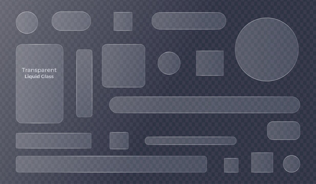 Glassmorphism user interface elements set with transparent liquid glass shapes . Modern translucent web elements with soft blur effect on dark grid background. Vector illustation ui components.