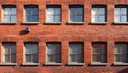Obraz premium A facade of a brick building featuring arched windows, showcasing a symmetrical design