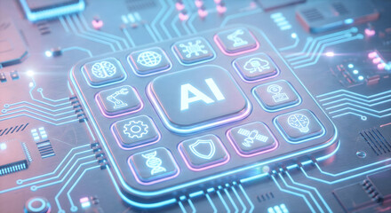 AI Chip with Icons of Technology, Science, and Business on Circuit Board