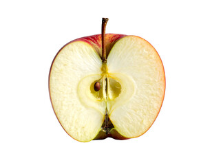 A crisp, red and yellow apple, halved, revealing its juicy flesh and seeds