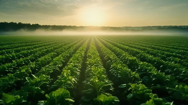 Sunrise over Lush Green Cabbage Field with Misty Morning Atmosphere