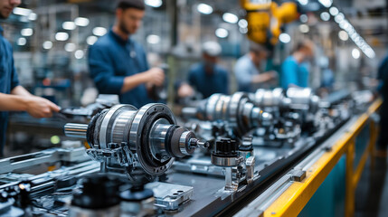Naklejka premium Wide-angle view of assembly line with faceless workers focused on precise tasks, conveyor belts moving components, robotic arms and tools in foreground, with copy space