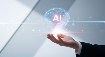 Business hand presenting holographic glowing artificial intelligence brain technology symbol featuring network connections and data streams for digital innovation concepts