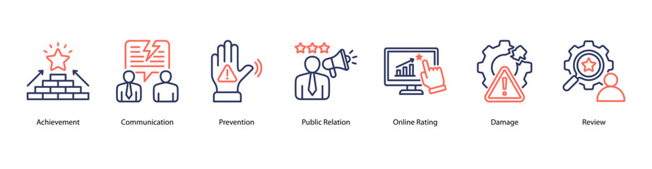 Fototapeta premium Communication and Achievement web banner icon vector illustration featuring Achievement, Communication, Prevention, Public Relation, Online Rating, and Damage.