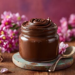 Rich Chocolate Spread in Glass Jar with Pink Flowers and Vintage Spoon