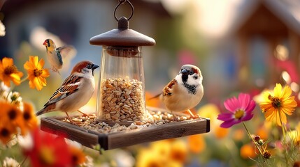 Spring Garden Scene with House Sparrows, Hummingbird, and Wildflowers