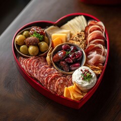 Heart-Shaped Charcuterie Board with Meats, Cheeses, Olives Dried Fruits