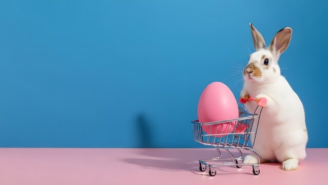 Easter bunny shopping for pink easter eggs in cart