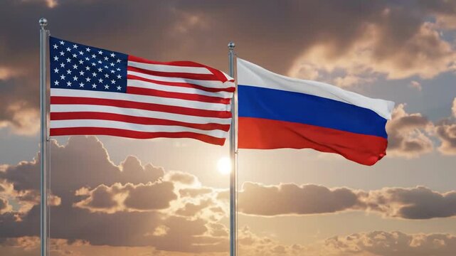 Animated sequence of American and Russian flags waving in sunset sky capturing patriotism and international symbolism
