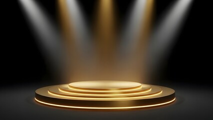 Golden podium with spotlight beams for awards and presentations