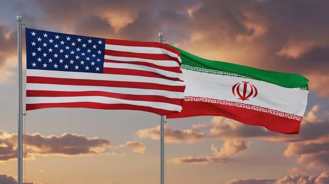 Multiple Flags of the United States and Iran Flapping at Sunset Sky Showcasing International Representation