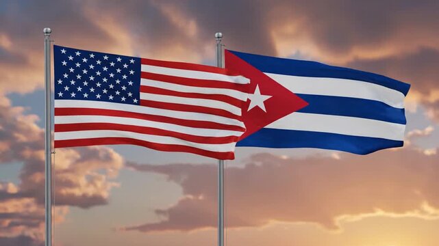 Patriotic display of American and Cuban flags waving at sunset symbolizing unity and cultural pride