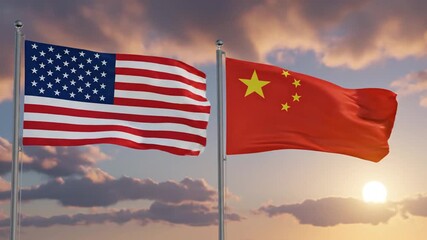 Animated sequence of american and chinese flags waving against sunsetsky imagery