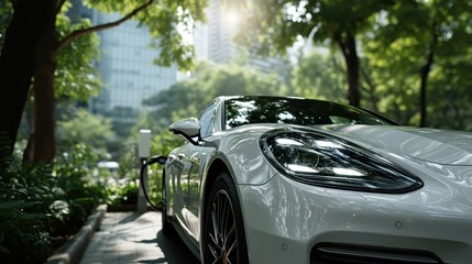 Luxury EV Charging: Modern Electric Car in Green Urban Setting, Electric vehicle