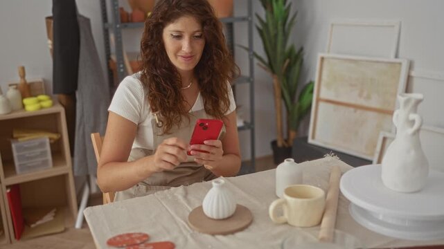 Woman potter holding red smartphone and tapping screen at pottery table in studio; quiet concentration.