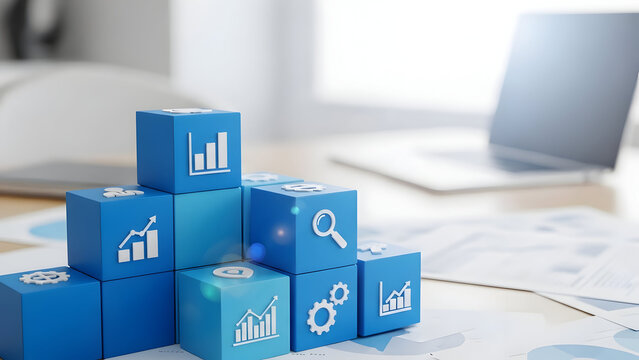 Business data analysis and statistics concept with blue blocks