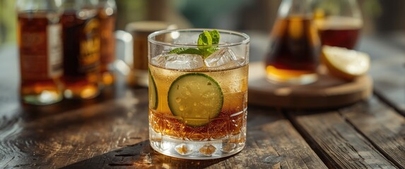 Naklejka premium Classic cocktail featuring cucumber, cola, and brandy served on a wooden table - close-up view