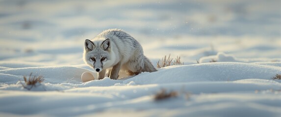 Obraz premium Svalbard Arctic fox takes egg