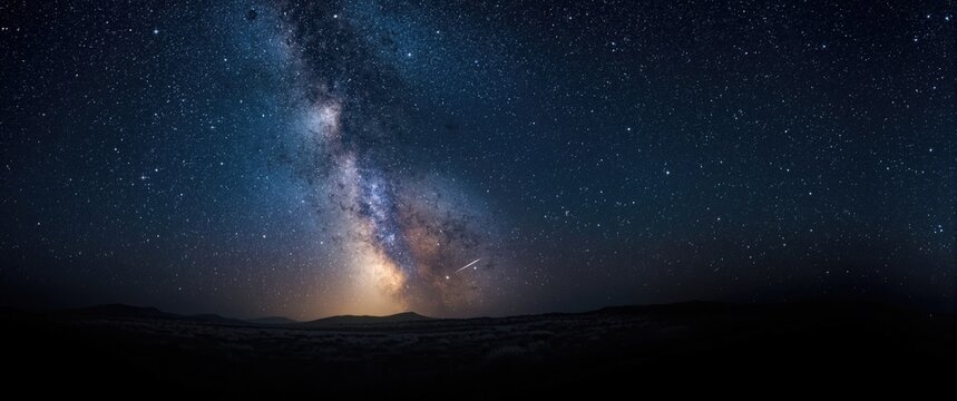 Milky Way night sky illuminated by comet and meteor shower, including falling and shooting stars