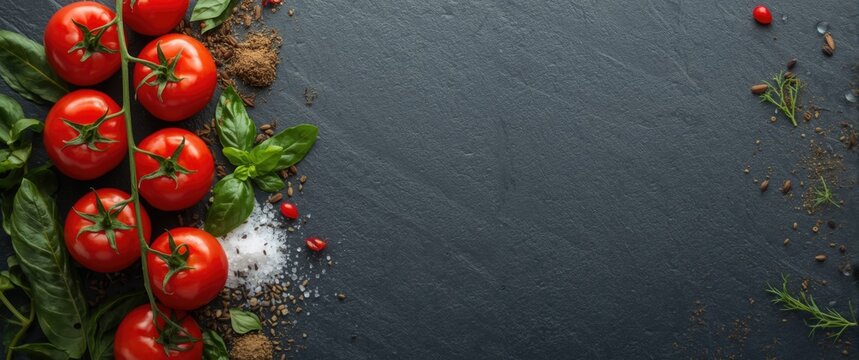 Black background with tomatoes and spices seen from above