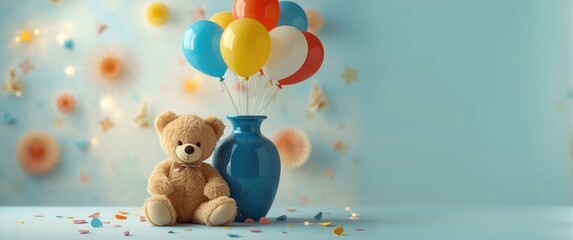 Teddy bear holding balloons next to a fancy blue vase in boy celebration decor