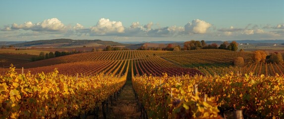 Rolling hills feature a vineyard where grapevines shine in vibrant autumn shades of gold, red, and orange