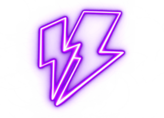 Purple neon lightning bolt icon with glowing outline on transparent background