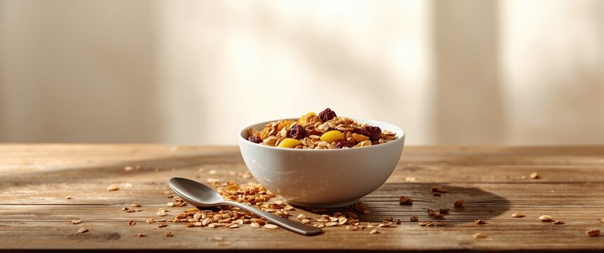 Muesli cereal in a bowl with milk, emphasizing healthy eating, wheat, corn, and organic ingredients for breakfast