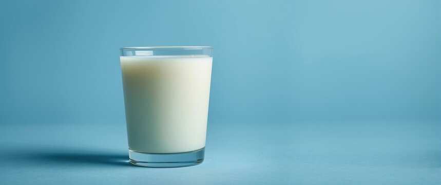 Blue background with a glass of fresh milk