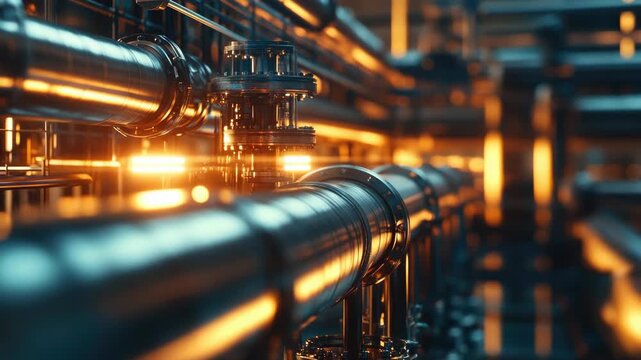 An elaborate network of pipes and tubes in an industrial setting, bathed in a warm glow.