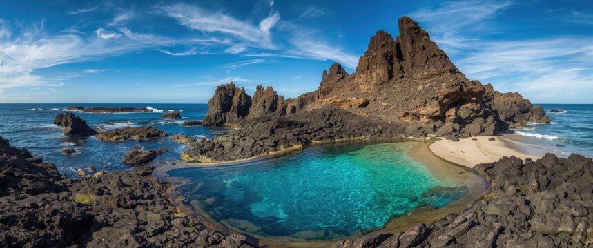 Blue Pool Charco Azul: Natural Seawater Pool Featuring Clear Water and Basalt Rocks