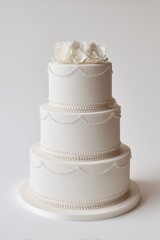 Elegant White Three-Tier Wedding Cake with Pearl Accents and Floral Toppers