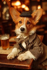 Corgi in Vintage Suit at Cozy Pub Bar