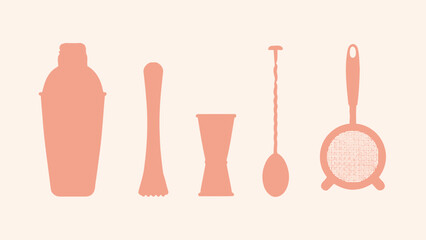 Minimalist Cocktail Tools in Pink Silhouettes for Elegant Bar or Drink Preparation