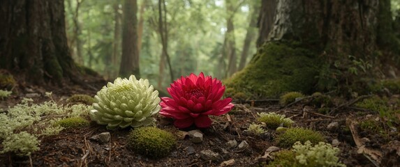 Flower of leek crafted alongside a radish flower in a forest soil setting, highlighting food and art elements