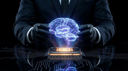 Futuristic Holographic Brain Projection Above Microchip Symbolizing Artificial Intelligence.