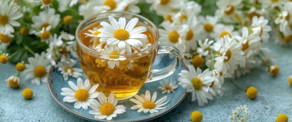 Obraz premium Chamomile herbal tea in a glass teacup on a blue plate, seasonal cold flu relief, antidepressant, and stomach cramps remedy