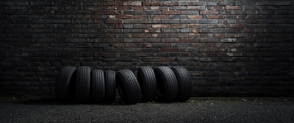 Pre-owned tires placed by a brick wall