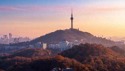 Obraz premium Seoul's Namsan Mountain in autumn with sunrise sky, highlighting seasonal foliage in an urban setting