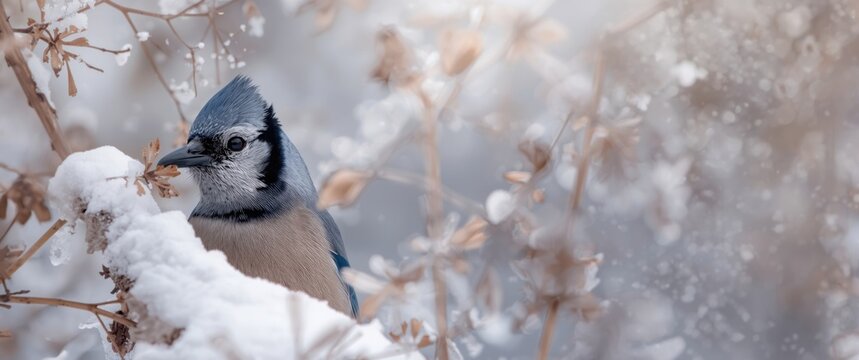 Snow-covered Eurasian jay in winter