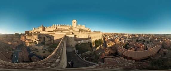 Obraz premium Bird's-eye panoramic view of Teruel Spain showcasing medieval city walls, viaduct, aquaduct, and semi-circular tower during a sunny winter afternoon